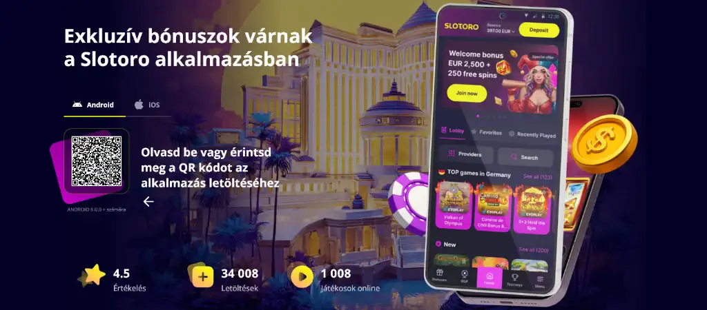 Slotoro mobil kaszin&oacute; alkalmaz&aacute;s let&ouml;lt&eacute;si oldala telefonon megjelenő j&aacute;t&eacute;kfel&uuml;lettel &eacute;s b&oacute;nusz aj&aacute;nlatokkal