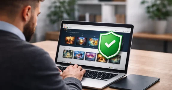 Online kaszinó oldal laptopon zöld pajzs ikonnal, SZTFH engedély jelentése Magyarországon