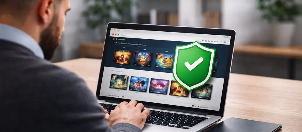 F&eacute;rfi laptopon SZTFH enged&eacute;llyel rendelkező online kaszin&oacute; oldalt n&eacute;z, biztons&aacute;got jelző pajzs ikonnal