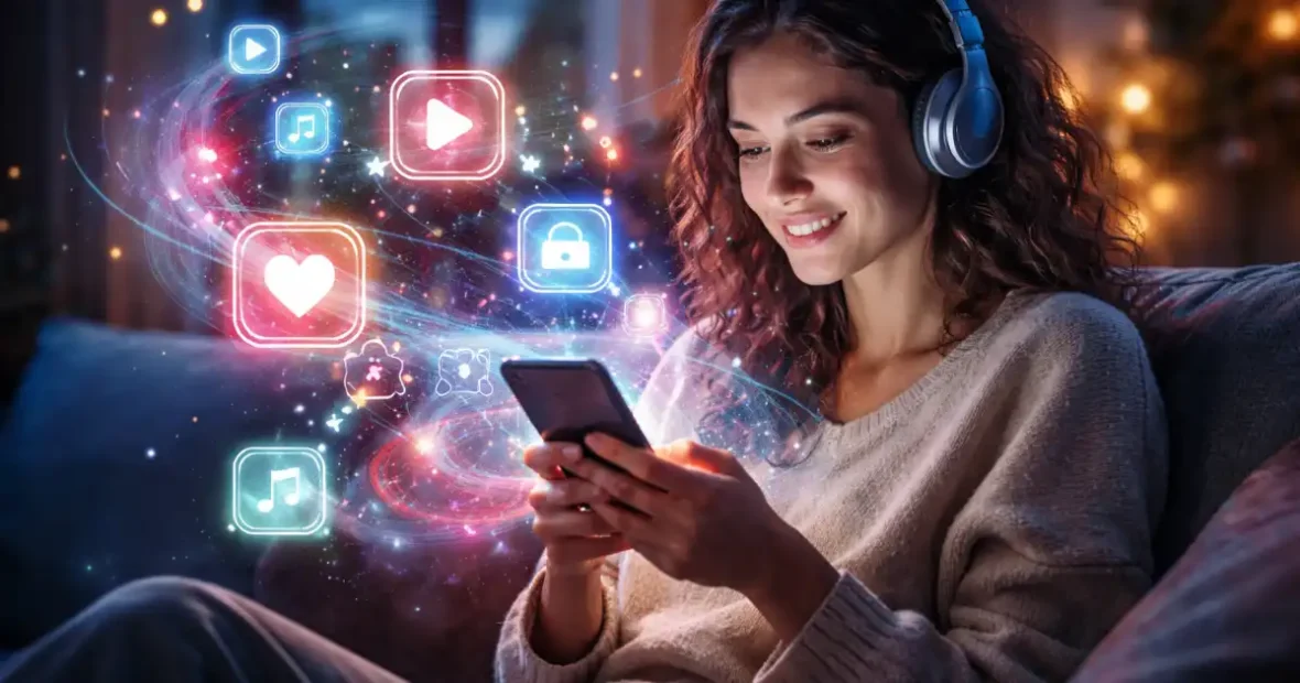 Mesterséges intelligencia által személyre szabott online szórakoztatás mobilon, egy fiatal nő mobil online szórakozás közben