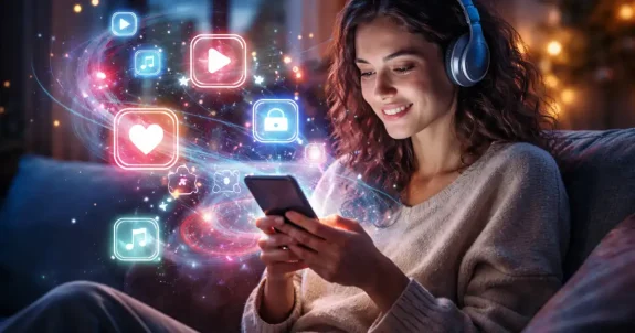 Mesters&eacute;ges intelligencia &aacute;ltal szem&eacute;lyre szabott online sz&oacute;rakoztat&aacute;s mobilon, egy fiatal nő mobil online sz&oacute;rakoz&aacute;s k&ouml;zben