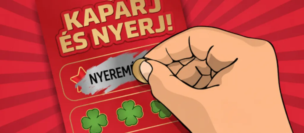Kapar&oacute;s sorsjegy kapar&aacute;sa nyerem&eacute;nymezővel &eacute;s n&eacute;gylevelű l&oacute;here szimb&oacute;lumokkal.
