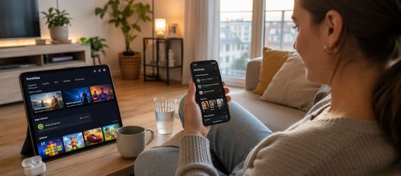Nő okostelefonon &eacute;s tableten haszn&aacute;l online j&aacute;t&eacute;k &eacute;s k&ouml;z&ouml;ss&eacute;gi platformokat otthoni k&ouml;rnyezetben.