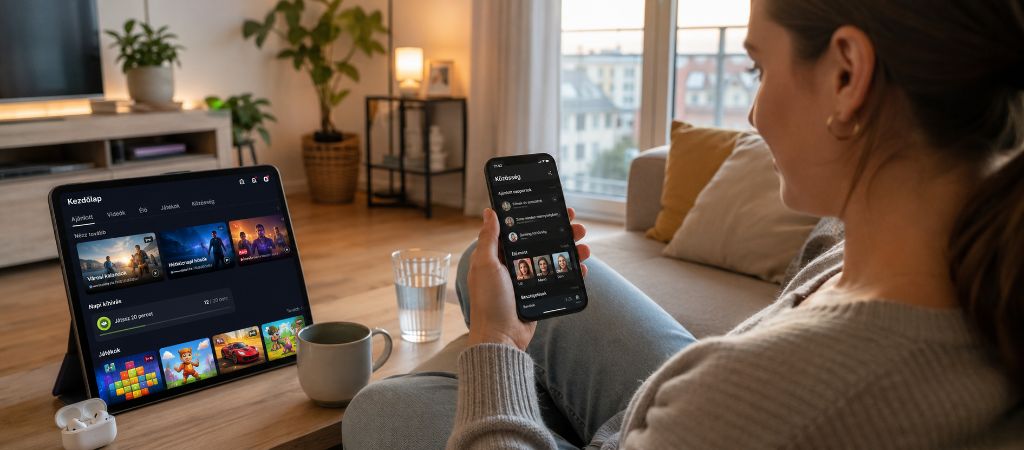 Nő okostelefonon és tableten használ online játék és közösségi platformokat otthoni környezetben.