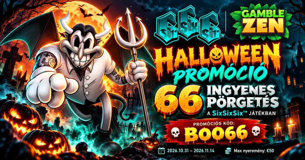 Rajzfilmszerű ördögfigura vasvillával egy halloweeni temetőben, tökök között, mellette a GambleZen és a SixSixSix logója