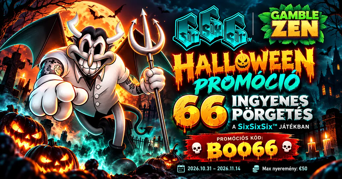 Rajzfilmszerű ördögfigura vasvillával egy halloweeni temetőben, tökök között, mellette a GambleZen és a SixSixSix logója